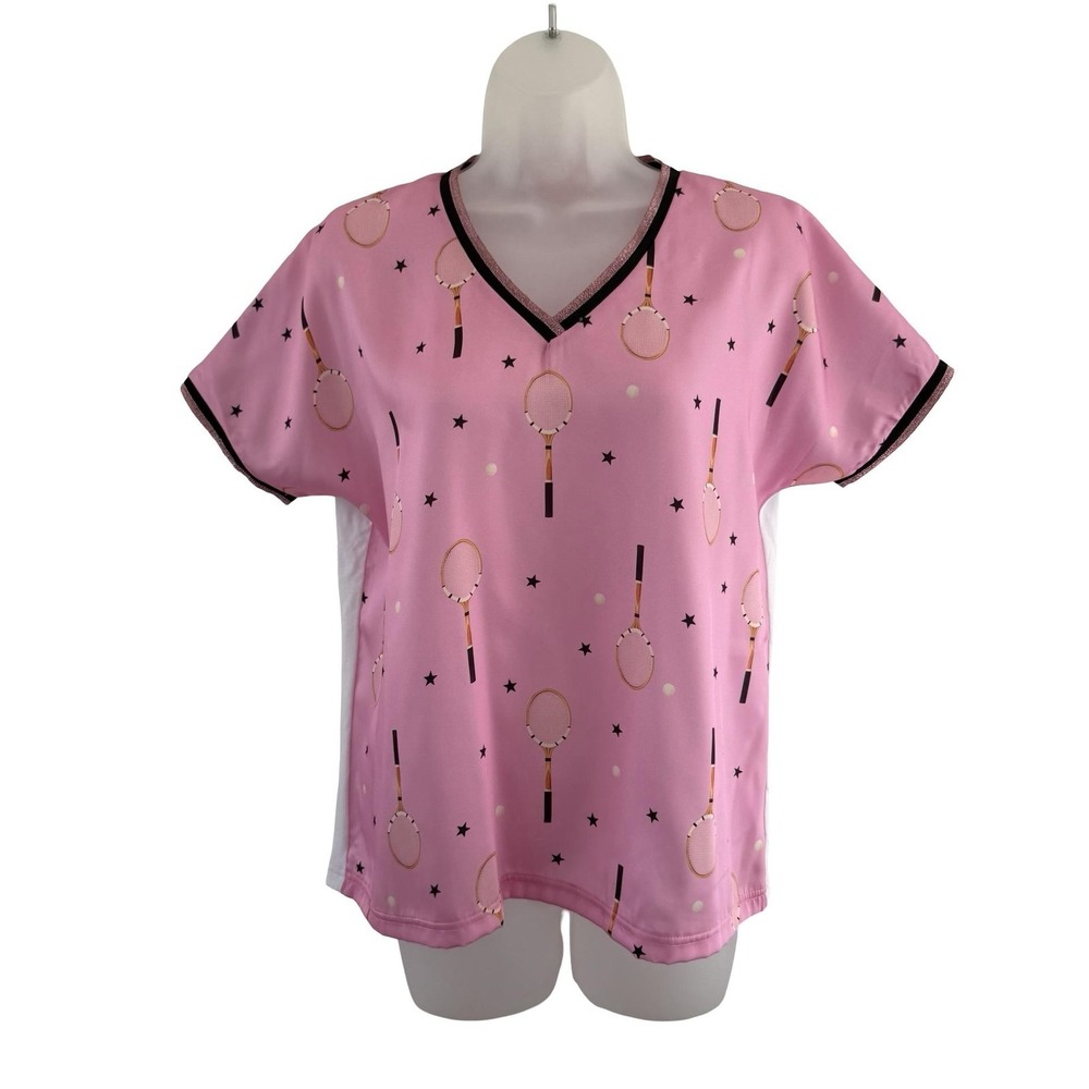 Vilagallo Shirt Womens Small Pink Tennis Racket Star Print V Neck Glitter Trim‎